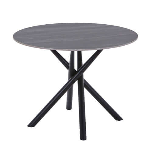 Alt Tag: Tuscan Dining Table round grey granite effect dining table with black metal legs